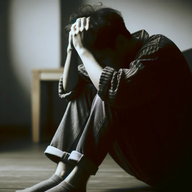 DALL·E 2024-03-01 20.59.46 – A person sitting in a dimly lit room, hunched over with their head in their hands, looking overwhelmed and anxious. Their body language conveys a sens