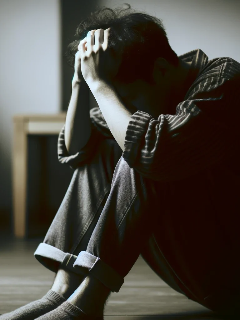 DALL·E 2024 03 01 20.59.46 A person sitting in a dimly lit room hunched over with their head in their hands looking overwhelmed and anxious. Their body language conveys a sens